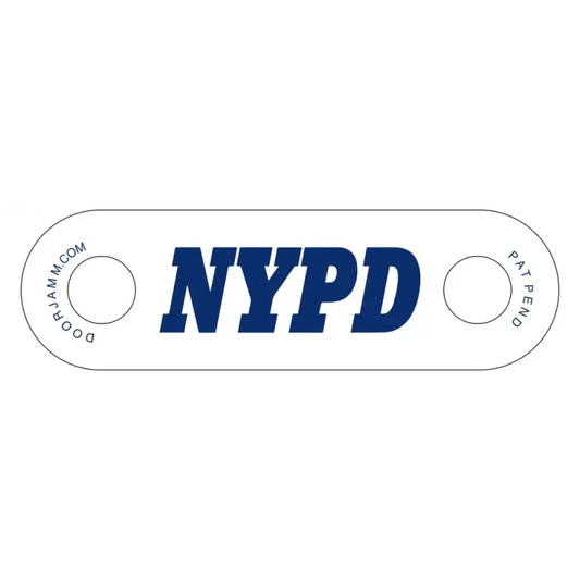 White bottle opener with blue NYPD text for NYPD DoorJamm and first responders