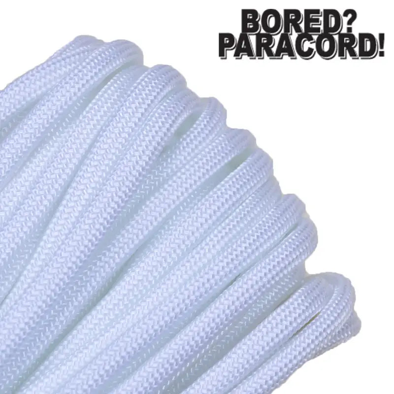 White braided paracord by Bored Paracord arranged in parallel lines showcasing vibrant colors