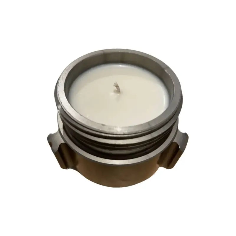 White candle in a brown ceramic jar with metal lid for Fireside Coupling Candle