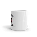 White ceramic firefighter mug with black text and red design for evening tea enjoyment