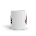 White ceramic Signature Chief Miller Mug with a circular black and pink logo design
