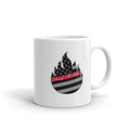 White ceramic Signature Chief Miller Mug with black and white American flag flame logo