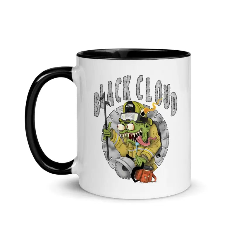 White ceramic Black Cloud Mug with cartoon monster design and black handle