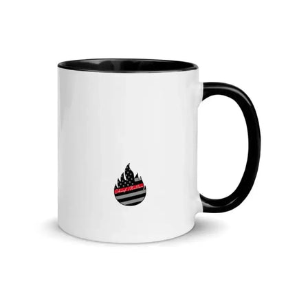 White ceramic locksmith mug with black handle and flame logo, colorful rim for tea ritual