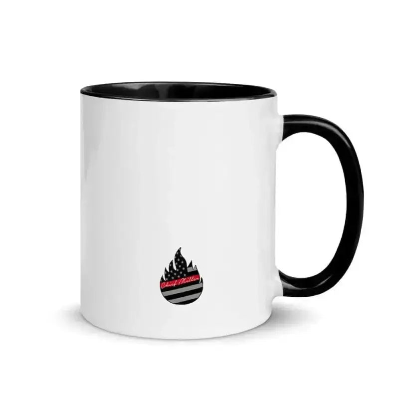 White ceramic Vitruvian Fireman Mug with color inside and flame logo design