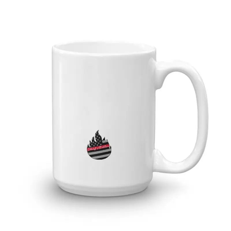 White ceramic firefighter mug featuring a black and red flame logo with vivid print