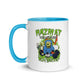 White ceramic Hazmat Mug with blue handle and colorful cartoon design for first responders