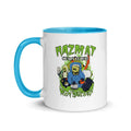 White ceramic Hazmat Mug with blue handle and colorful cartoon design for first responders