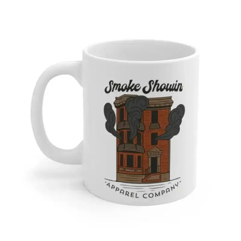 White ceramic Three Decker Mug with brownish-red rowhouse design and Smoke Showin Apparel text