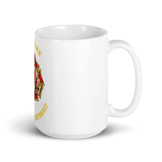 White 11oz ceramic mug featuring a Firefighter emblem design for Engine 19