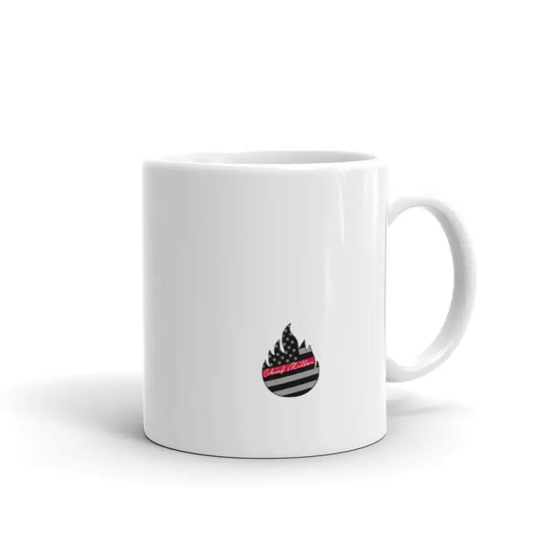 White ceramic firefighter mug with a small flame logo and pink stripes in vivid print