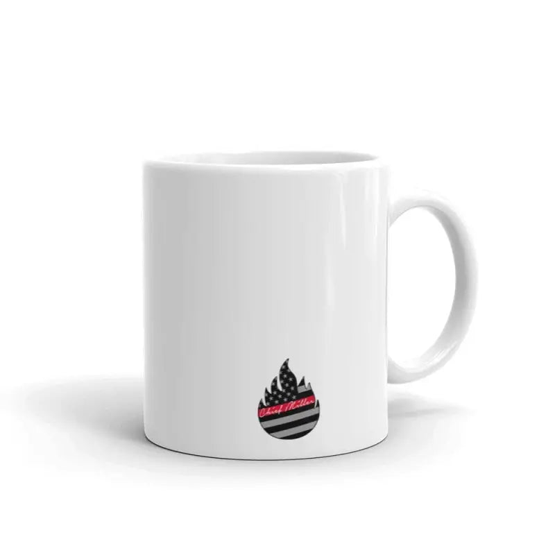 White ceramic EMS mug with flame logo and pink stripe for morning coffee about tattoos matter