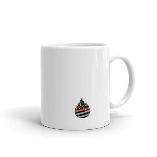 White ceramic Hazmat Mug featuring a small flame logo design for first responders