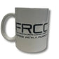 White ceramic coffee mug 15oz with FRCC text printed in black letters