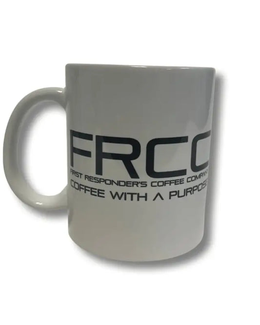 White ceramic coffee mug 15oz with FRCC text printed in black letters