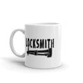 White ceramic locksmith mug with key tool graphic, perfect for first responders