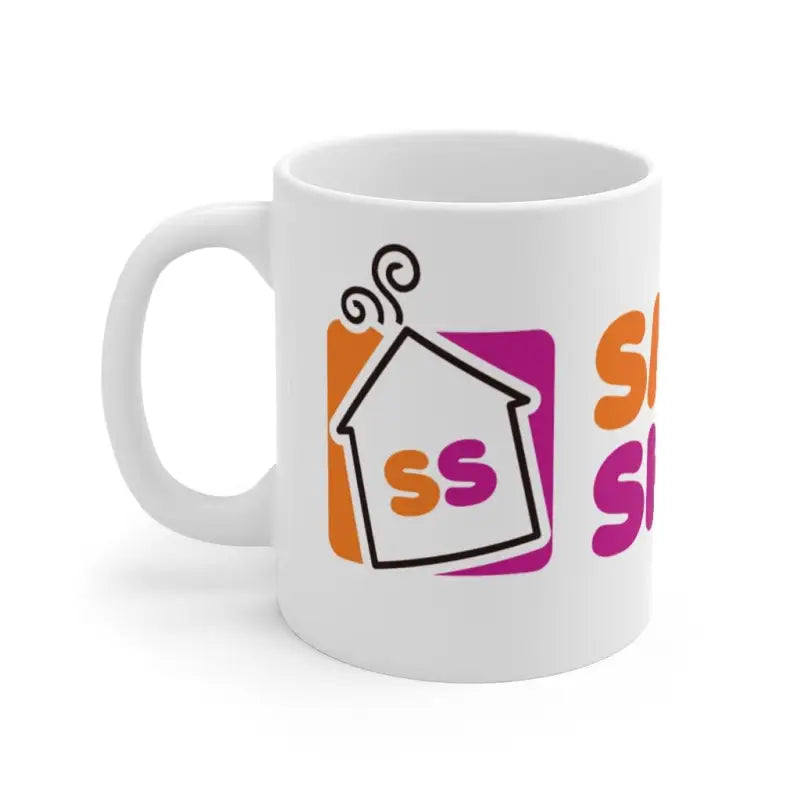 White ceramic DD Smoke Showin Mug featuring house logo with SS in orange and pink