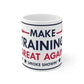 White ceramic mug with Make Training Great Again Smoke Showin text in navy blue and red