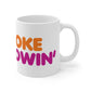 White ceramic Smoke Showin Mug with OKE OWIN text in orange and pink letters