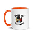 White ceramic mug with orange handle featuring Do My Tattoos Matter Now design for tea ritual
