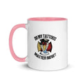 White ceramic mug with pink accents featuring Do my tattoos matter now and tattoo art