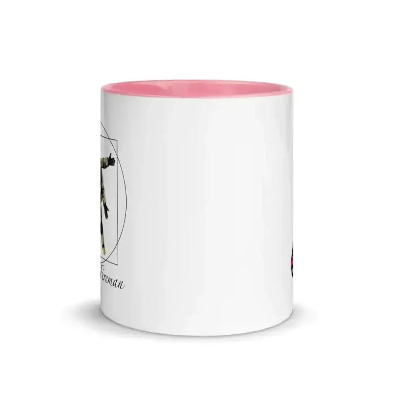 White ceramic Vitruvian Fireman Mug with pink color inside and black line art design