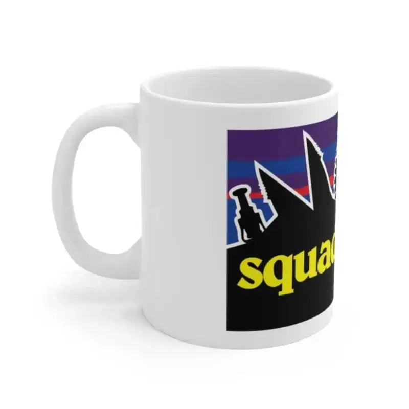 White ceramic Squadagonia Mug with purple and black graphic design for first responders