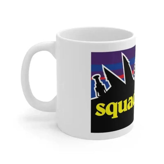 White ceramic Squadagonia Mug with purple and black graphic design for first responders