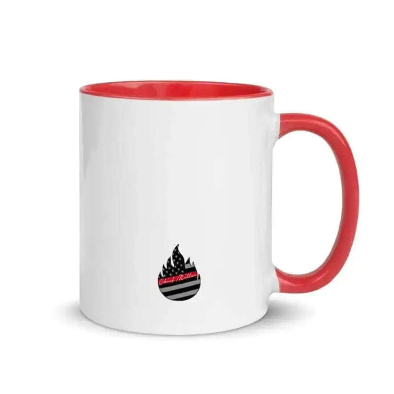 White ceramic Vitruvian Fireman Mug with red handle and black flame logo, color inside