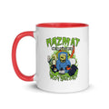 White hazmat mug with red handle and rim featuring a cartoon design and color inside