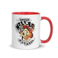 White ceramic apparel mug with red interior featuring a cartoon skull and Chief Miller Apparel design