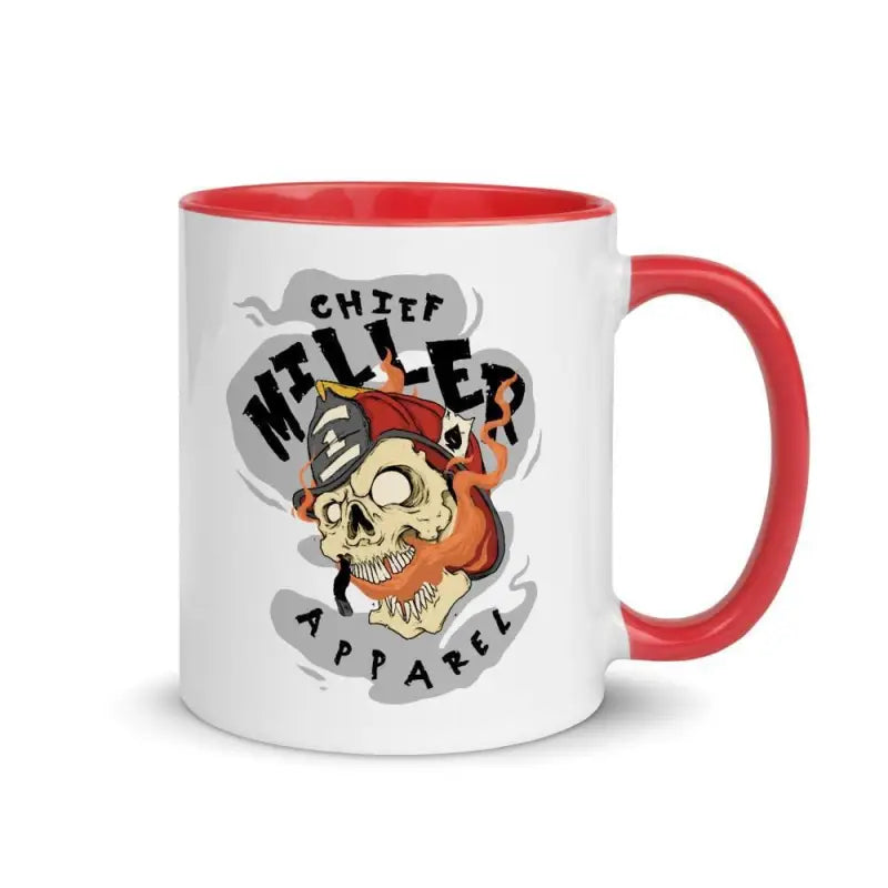 White ceramic apparel mug with red interior featuring a cartoon skull and Chief Miller Apparel design