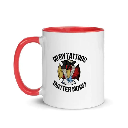 White ceramic mug with red interior featuring DO MY TATTOOS MATTER NOW and colorful eagle design