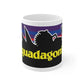 White ceramic Squadagonia Mug featuring colorful mountain design for first responders