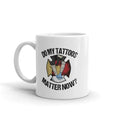 White ceramic firefighter mug with Do My Tattoos Matter Now graphic for evening tea