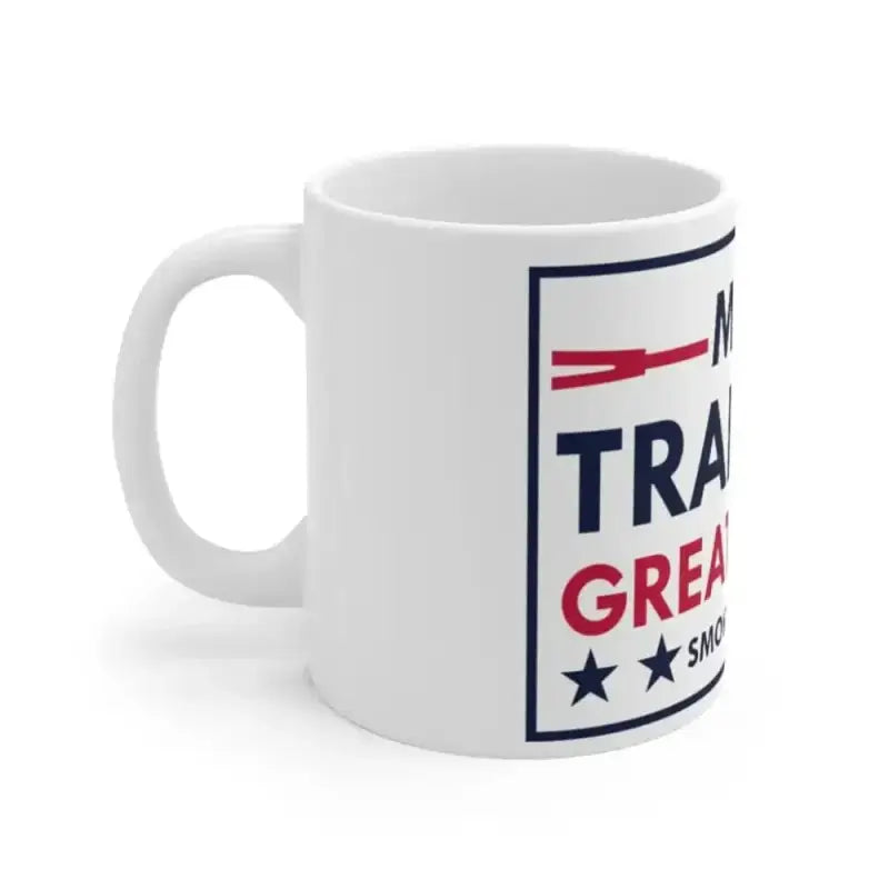 White ceramic mug displaying TRADE GREAT with navy blue and red stars, perfect to make training great