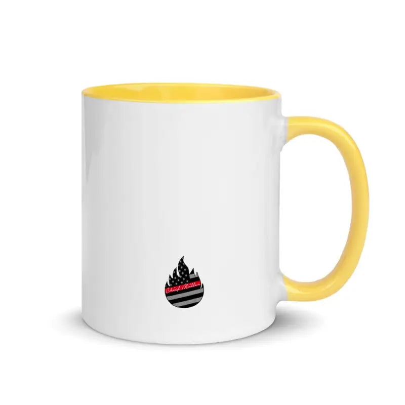 White ceramic Canada Mug with yellow handle and black flame logo, perfect for tea rituals