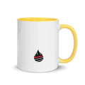 White ceramic mug with yellow handle and flame logo, perfect for your tea ritual or mug rack