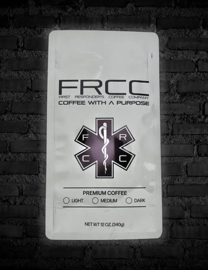 White Coffee Bag with FRCC Branding and Medical Emergency Symbol for Coffee 12oz EMS