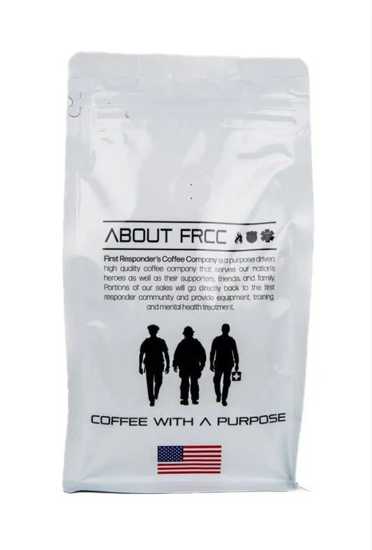 White coffee bag for Coffee 12oz FRCC DECAF featuring silhouettes and American flag