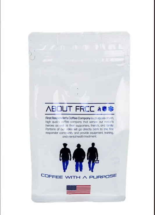 White coffee bag featuring silhouettes and American flag logo for Coffee 12oz EMS