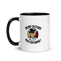White coffee mug with black handle displaying Do my tattoos matter now? graphic design