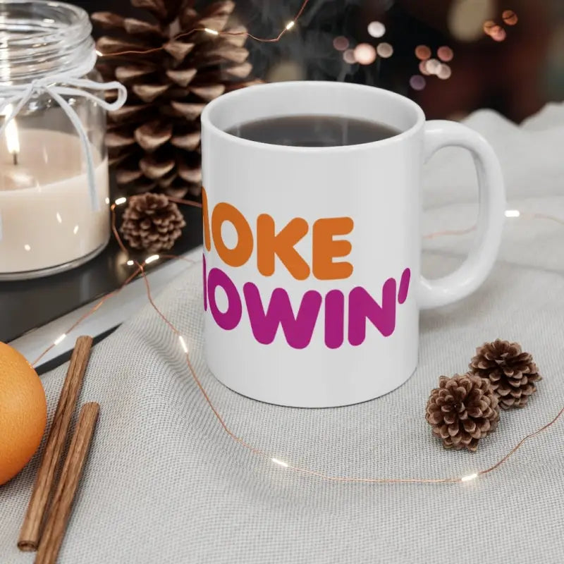 White Smoke Showin Mug featuring OKE OWIN in vibrant orange and pink text