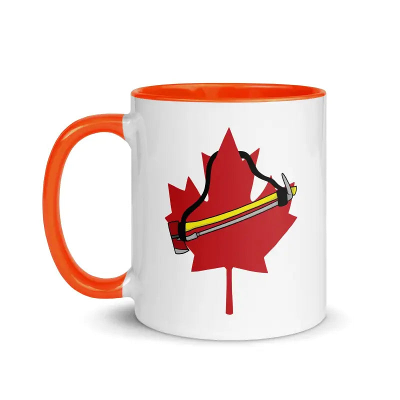 White Canada Mug with orange interior, featuring a red maple leaf and harmonica design
