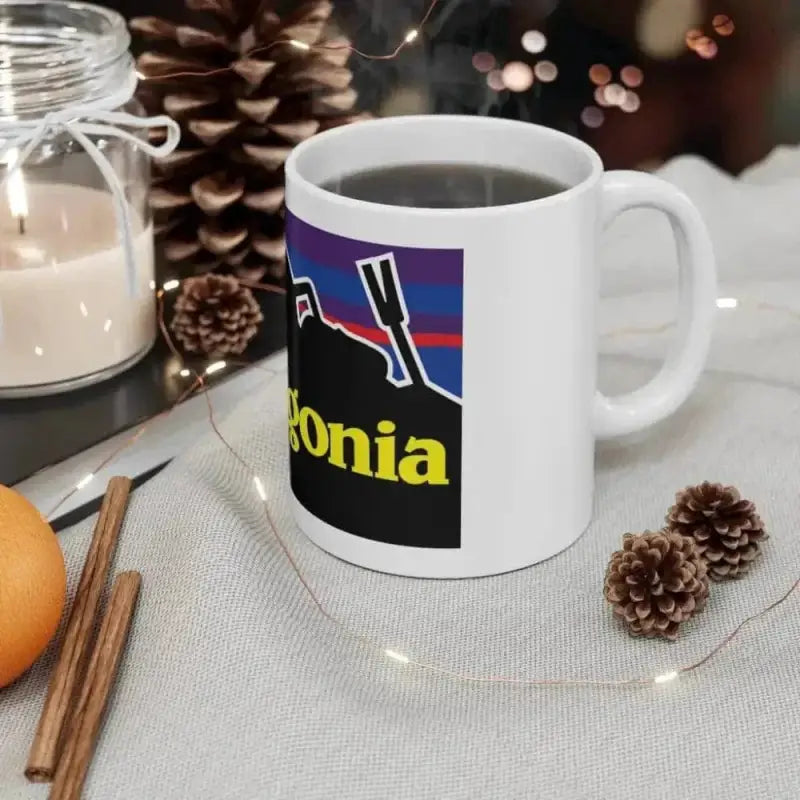 White Squadagonia Mug featuring Patagonia logo, perfect for first responders and firefighters