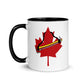 White Canada mug with red maple leaf, hockey stick design, and colored interior