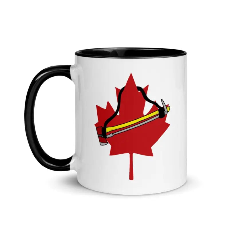 White Canada mug with red maple leaf, hockey stick design, and colored interior