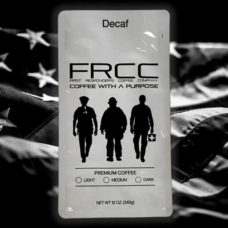 White coffee package with FRCC branding and silhouettes for 12oz FRCC Decaf