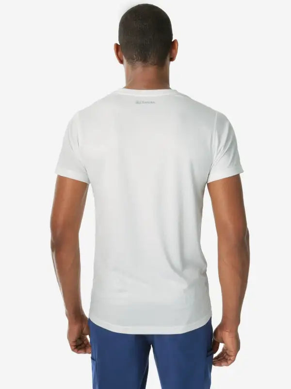 Back view of Men’s Short-Sleeve Underscrub in a white crew neck design