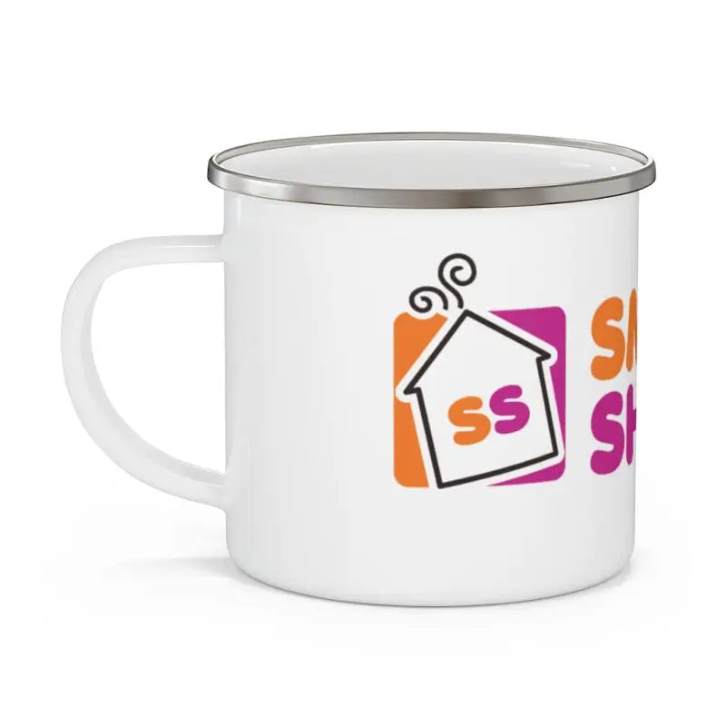 White enamel camping mug featuring colorful logo for Smoke Showin Camping